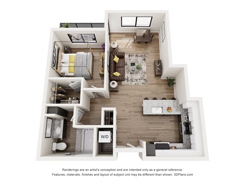 Floor plan for 1 bed, 1 bath, 761 sqft